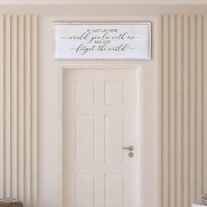 Surfapans If I Lay Here Would You Lie With Me Wall Decor Sign 40”X15” Master Room Bedroom Above Bed Large Farmhouse Inspirational Quotes Minimalist Wood Framed Over Bed Wall Art Decoration (White)