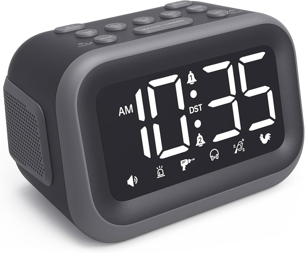 Super Loud Alarm Clock: 115dB Dual Alarms and 6 Alarm Sounds for Heavy Sleepers - Adult Shift Workers in Bedroom or Daily Wake-Up Use - Gray