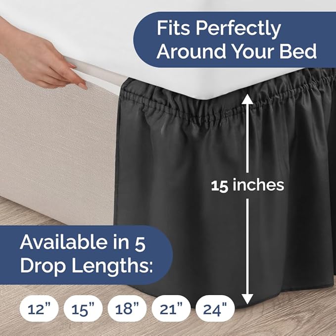 Wrap Around Dust Ruffle Bed Skirt - Black - for Queen Size Beds with 15 Inch Drop - Easy Fit Elastic Strap - Adjustable Pleated Bedskirt w/Brushed Fabric - Wrinkle Free - for Women, Men, Kids & Teens
