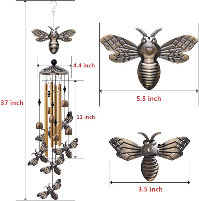 Garden Bee Wind Chimes Outdoor Indoor Decor - with 4 Tubes 6 Bells 7 Bees Wind Chime, Mobile Romantic Bee Wind Catcher, Bees Windchimes for Home, Mom Gifts, Balcony, Tree, Festival, Garden Decoration