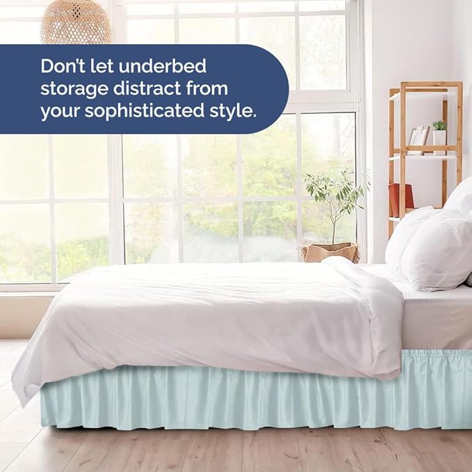 Wrap Around Dust Ruffle Bed Skirt - Ice Blue - Twin/Twin XL Size Beds w/ 12 Inch Drop - Easy Fit Elastic Strap - Adjustable Pleated Bedskirt w/Brushed Fabric - Wrinkle Free - Women, Men, Kids & Teens