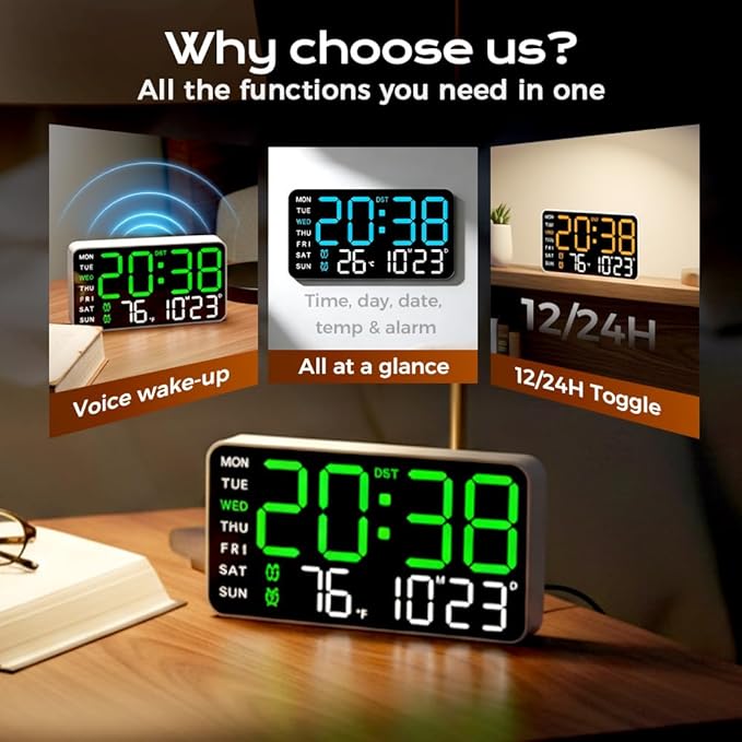 Multifunctional Decorative Led Digital Wall Clock,Large Digital Clock Shows Time,Date,Temperature,Auto Brightness Adjustment,Dual Alarms,Electronic Clock for Livingroom (Green lamp with black shell)