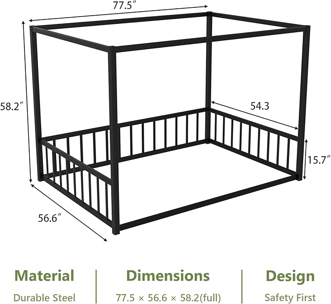 Canopy Floor Bed for Kids – Queen Size, Matte-Black Steel Frame with Safety Fence, Unisex Design for Boys & Girls, Box Spring Required, Quick Assembly (Queen)