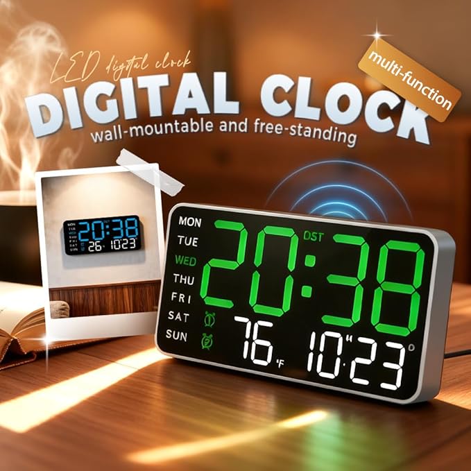 Multifunctional Decorative Led Digital Wall Clock,Large Digital Clock Shows Time,Date,Temperature,Auto Brightness Adjustment,Dual Alarms,Electronic Clock for Livingroom (Green lamp with black shell)