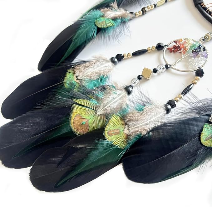 7 Chakras Dream Catchers Tree of Life Dream Catcher Green Feather Dreamcatcher Wall Decor with Rainbow Healing Crystal Stone Wall Art Hanging for Bedroom Home Decor Bless Gift Wedding Party