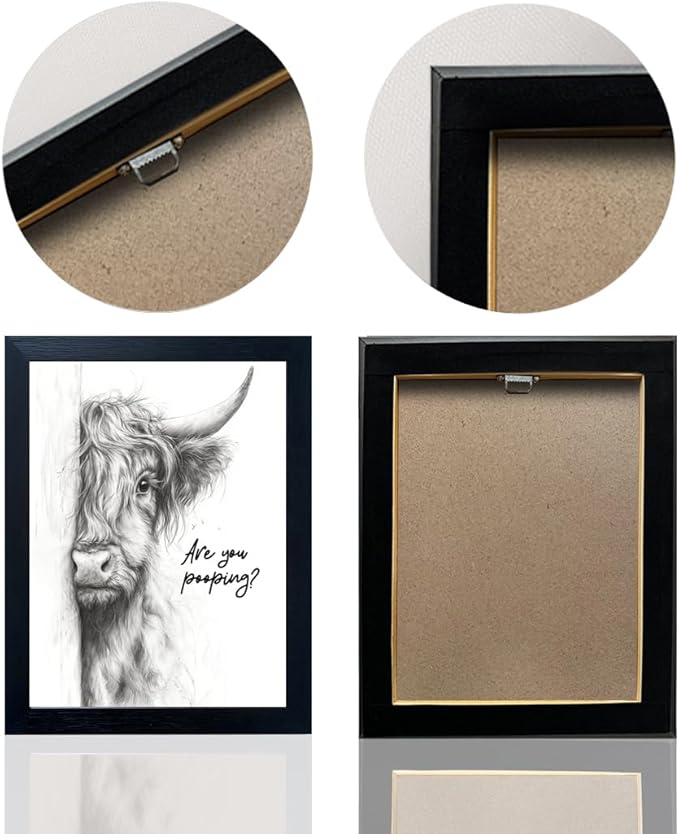Gongyuanyihao Arts Funny Highland Cow Bathroom Wall Art with Black Frame, Are You Pooping Sign for Farmhouse Restroom Decor, Rustic Humorous Canvas Print Painting Ready to Hang 11"x14"