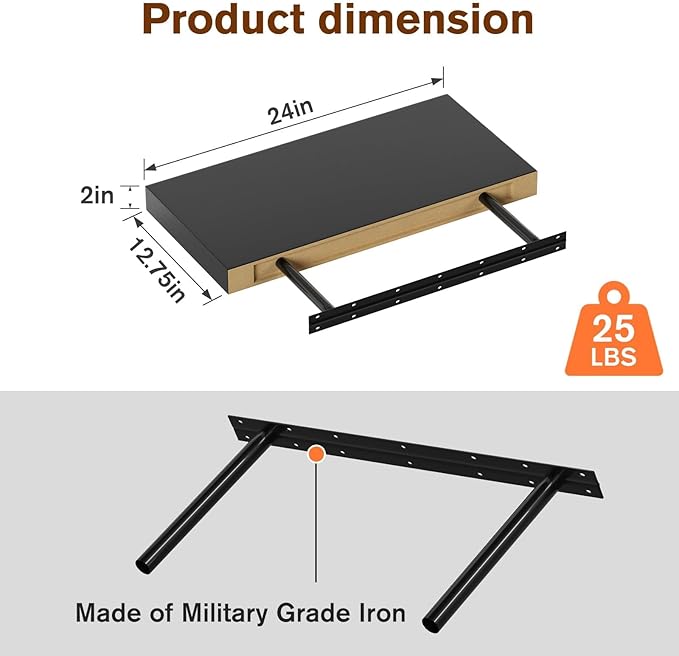 Floating Shelf, Set of 1 Wall Shelf, 24 in W x 12.75 in D x 2 in H Wooden Floating Wall Shelf with Invisible Brackets for Living Room/Bedroom/Bathroom/Kitchen Storage and Decor, Black