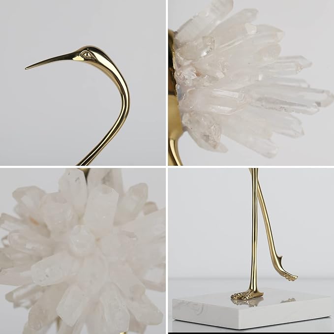 suruim Elegant Gold Crane Bird Statues with Crystal Tail Accents, Decorative Brass Figurines for Home Decor (White A)