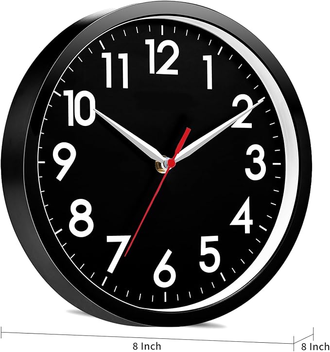 AKCISOT Wall Clock 8 Inch Silent Non-Ticking Modern Clocks Battery Operated - Analog Small Classic for Office, Home, Bathroom, Kitchen, Bedroom, School(Black)