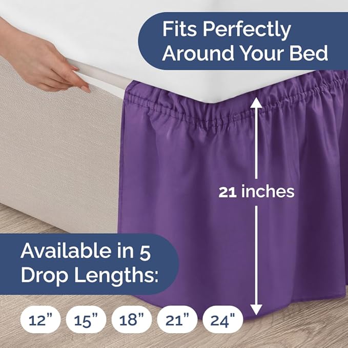 Wrap Around Dust Ruffle Bed Skirt - Purple - for Full Size Beds with 21 Inch Drop - Easy Fit Elastic Strap - Adjustable Pleated Bedskirt w/Brushed Fabric - Wrinkle Free - for Women, Men, Kids & Teens