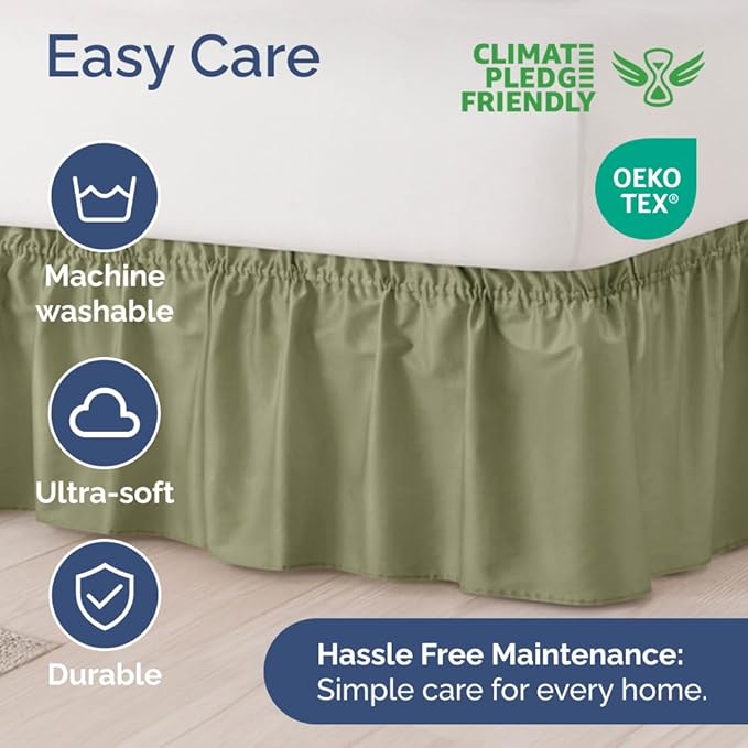 Wrap Around Dust Ruffle Bed Skirt - Sage Green - for King Size Beds with 21 Inch Drop - Elastic Strap - Adjustable Pleated Bedskirt with Brushed Fabric and Wrinkle Free - for Women, Men, Kids & Teens
