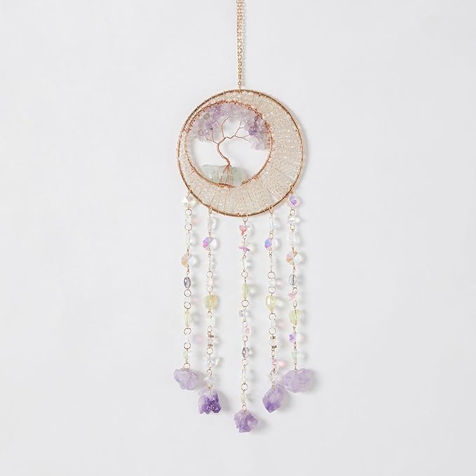 Green Quartz Gemstone Dream Catcher Tree of Life Chakra Dream Catchers with Healing Crystal Stones Handmade Dreamcatcher Sun Catcher Wall Decor for Boys Girls,Bedroom,Wedding,Garden,Bless Gift