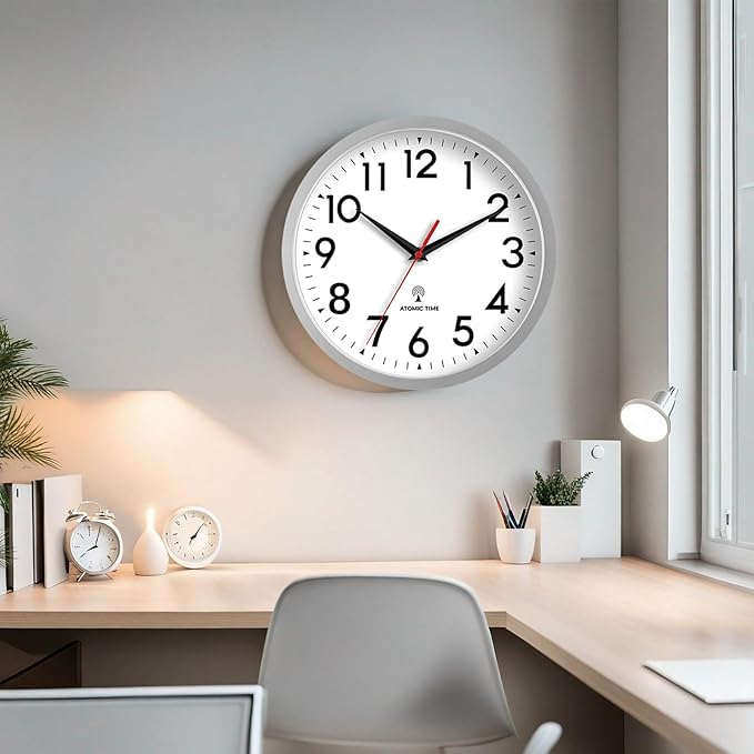 Atomic Wall Clock Analog 12 Inch Battery Operated Modern Decorative for Living Room Kitchen Office Bedroom Bathroom(Silver)