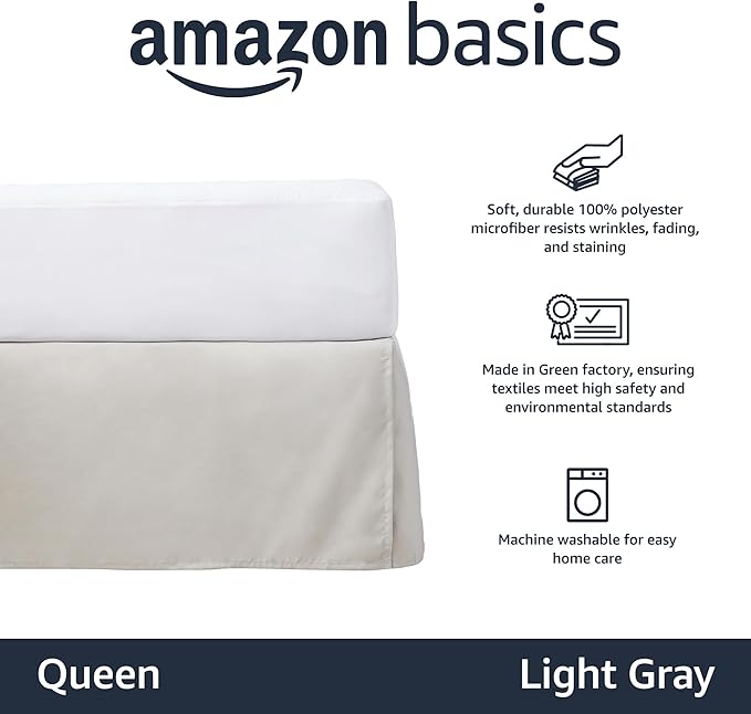 Amazon Basics Lightweight Pleated Bed Skirt, Queen, Light Grey, Solid