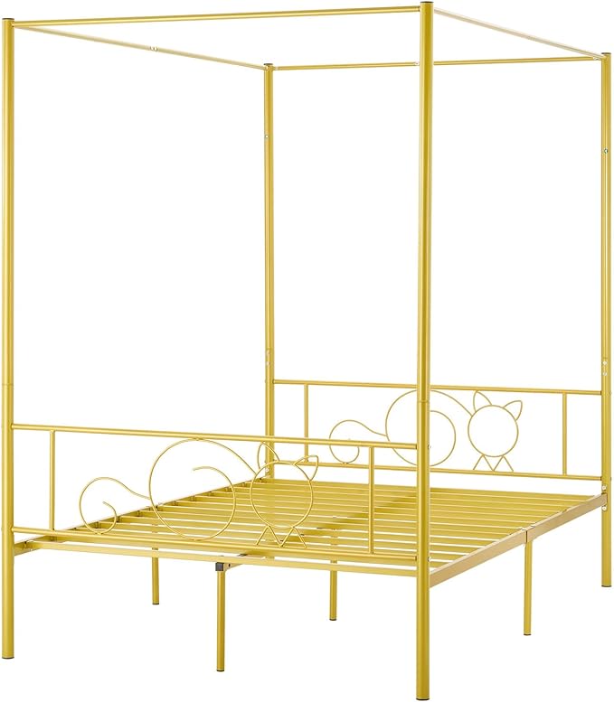 VEVOR Canopy Bed Frame Full Size, Metal Canopy Bed with Minimalist Headboard & Four Posters Design, Heavy Duty Steel Slats Support, Underbed Storage Space, No Box Spring Needed, Easy Assembly, Gold