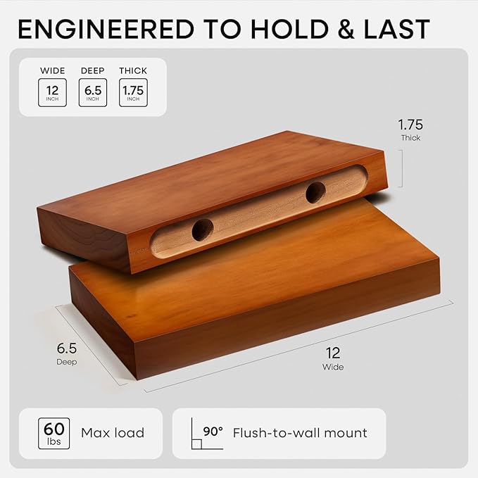 Homeforia 12 inch Oak Floating Shelf, High End Solid Real Wood 12inch Small Floating Shelves for Wall Mounted, Honey Oak Wooden 12in Floating Shelves, Heavy Duty Bracket, 12 X 6.5 X 1.75 in, Set of 3