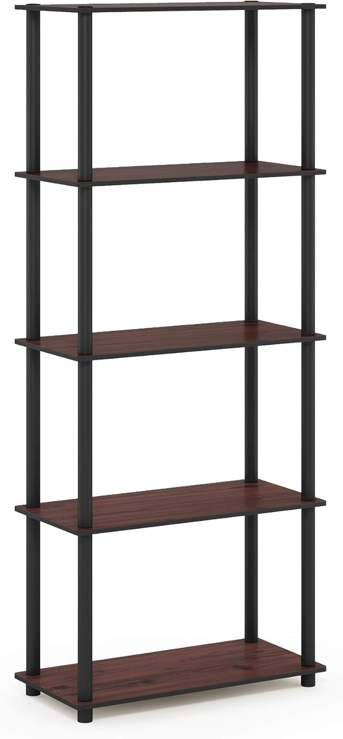 Furinno TURN-N-TUBE Storage Shelves, 5-Tier Book Shelf, Corner Shelf, Toolless Open Shelves, for Organization and Storage, Living Room, Garage, Home Office, Dark Cherry