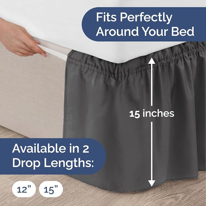 Wrap Around Dust Ruffle Bed Skirt - Charcoal - for Queen Size Beds w/ 15 Inch Drop - Easy Fit Elastic Strap - Adjustable Pleated Bedskirt w/Brushed Fabric - Wrinkle Free - Women, Men, Kids & Teens