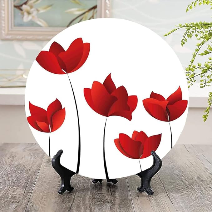 Ceramic Display Plate, Floral Ceramic Hanging Decorative Plate, Valentines Rose Petals Vivid Blossoms Florets, 7 Inch, Household Custom Ceramic Plate, Red