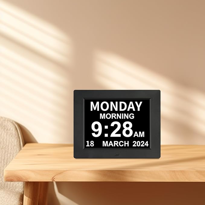 Digital Day Calendar Clock 5 Alarm Clock & 3 Medicine Reminders Extra Large 8 Inch Non-Abbreviated Day Date Month Dementia Senior Clocks for Eldarly Memory Loss Vision Impaired Clock