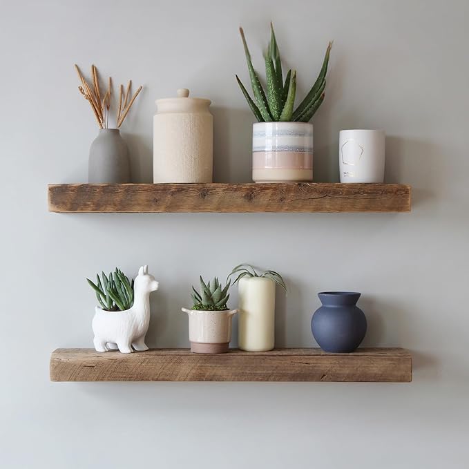 Urban Legacy Reclaimed Barnwood Planks | Floating Shelves for Wall w/Flush Mount Shelf Bracket Set Included | Set of 2 (Natural, 30"x7"x 2")