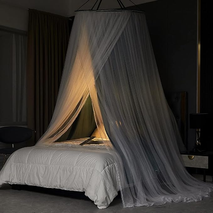 Kertnic Luxurious Bed Canopy for Girls & Adults - Double Layer Princess Canopy with Lace, Round Dome Mosquito Netting for Queen/King Bed Tent (Peacock Blue)