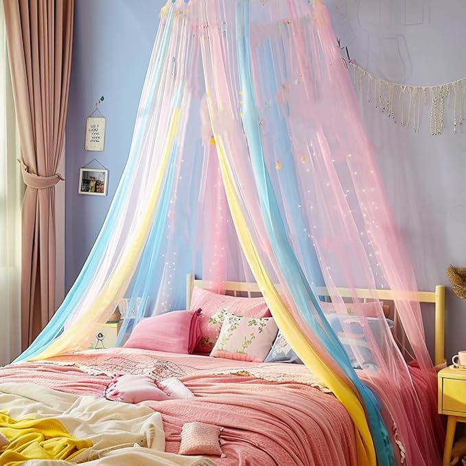 Comtelek Mosquito Net Bed Canopy for Girls,Rainbow Canopy Bed Curtains Full Queen Size from Ceiling,Dome Mosquito Netting Bed Tent Twin Girls Princess Canopy King Bed Decor