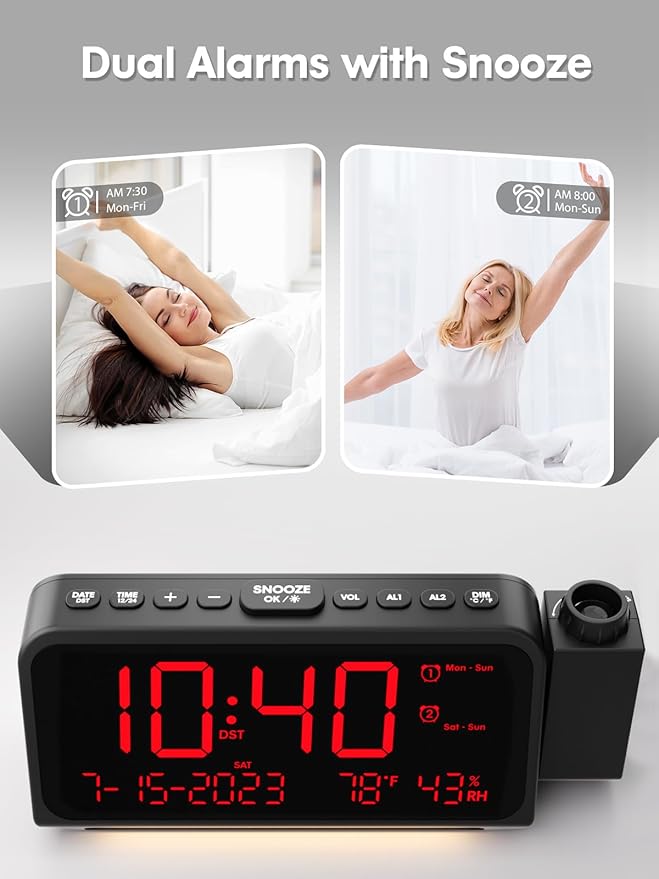 ROCAM Projection Clock for Bedroom, Digital Clock with 180° Projector on Ceiling with 5-Level Dimmer, Dual Loud Alarm Clock with Weekend/Weekday Mode, Date, Temp, Humidity, Night Light, Snooze