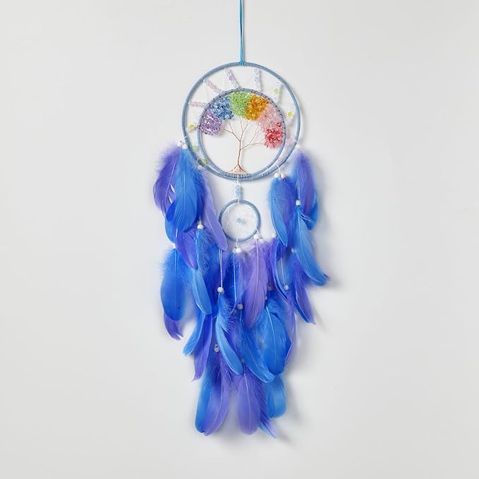 7 Chakras Dream Catchers Tree of Life Dream Catcher Blue Purple Feather Dreamcatcher Wall Decor with Rainbow Healing Crystal Stone Wall Art Hanging for Bedroom Home Decor Bless Gift Wedding Party