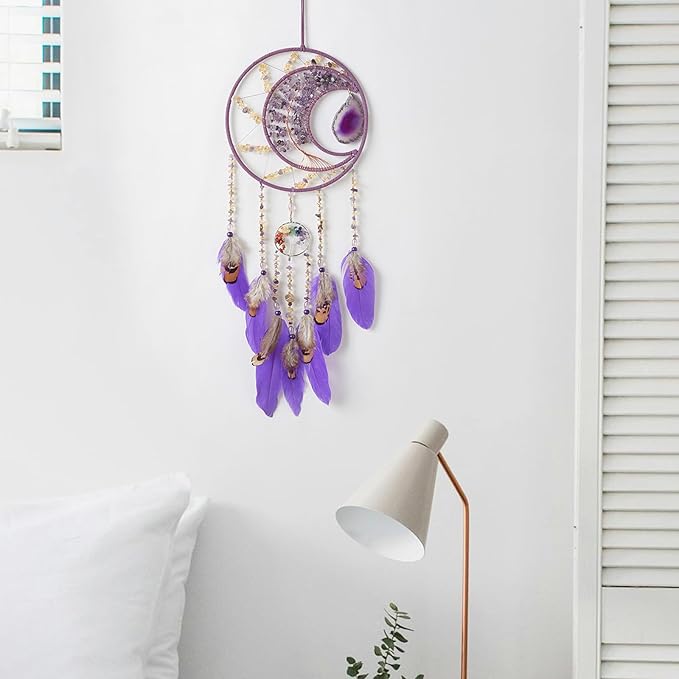 7 Chakras Agates Dream Catchers Moon Tree of Life Dream Catcher Violet Feather Dreamcatcher Wall Decor with Healing Crystal Stone Wall Art Hanging for Bedroom Home Decor Bless Gift Wedding Garden