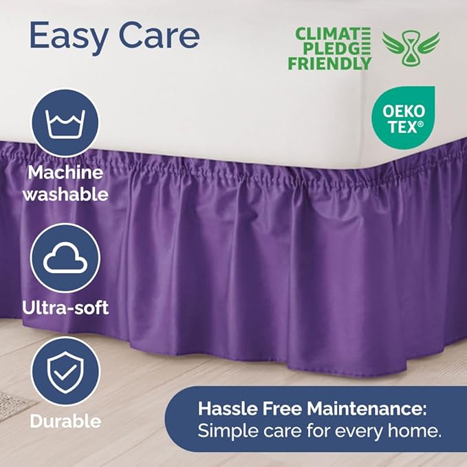 Wrap Around Dust Ruffle Bed Skirt - Purple - for King Size Beds with 15 Inch Drop - Easy Fit Elastic Strap - Adjustable Pleated Bedskirt w/Brushed Fabric - Wrinkle Free - for Women, Men, Kids & Teens