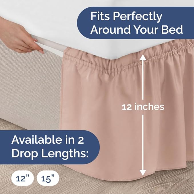 Wrap Around Dust Ruffle Bed Skirt - Mauve - Twin/Twin XL Size Beds w/ 12 Inch Drop - Easy Fit Elastic Strap - Adjustable Pleated Bedskirt w/Brushed Fabric - Wrinkle Free - Women, Men, Kids & Teens