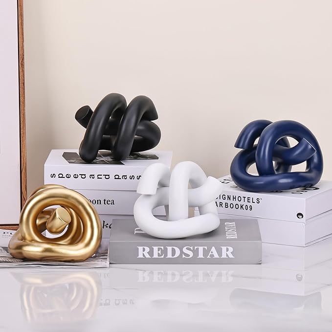 Funky Abstract Blue Knot Knick Knacks - Navy Blue Accent Decor for Coffee Table & Tv Stand, Modern Geometric Sculpture Scandinavian Minimalist Home Statue Decorative Objects Entryway Bookcase Book