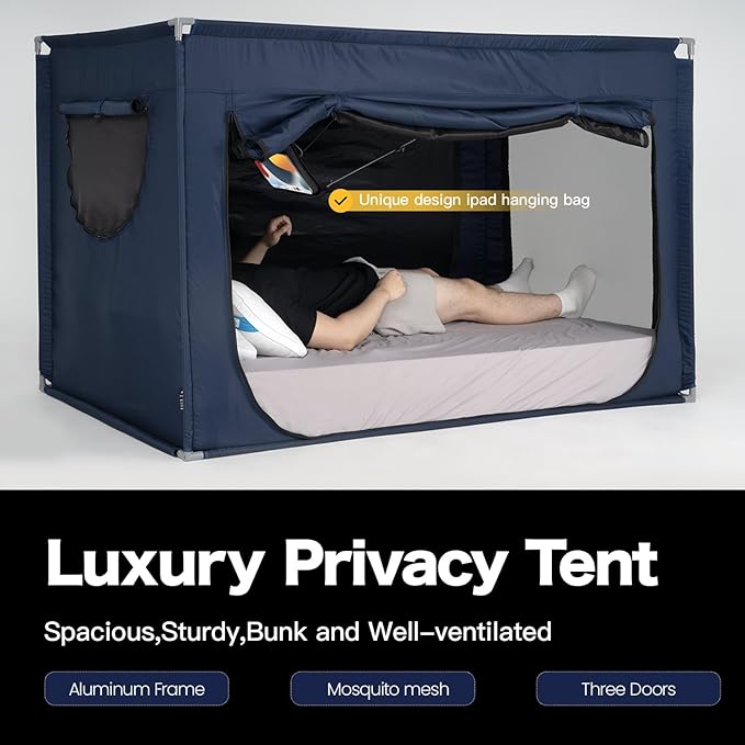 Bed Canopy Portable Blackout Bed Tent Privacy Tent for Adult Indoor Sleeping with 3 Doors, Storage Bag