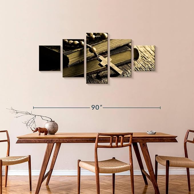 Elephant Stock Bible And Cross Wall Art Multi Piece Canvas - 5 Panel Christian Pictures Decor - Digital Design Canvas Print - Christian Wall Decor - 80" X 36"
