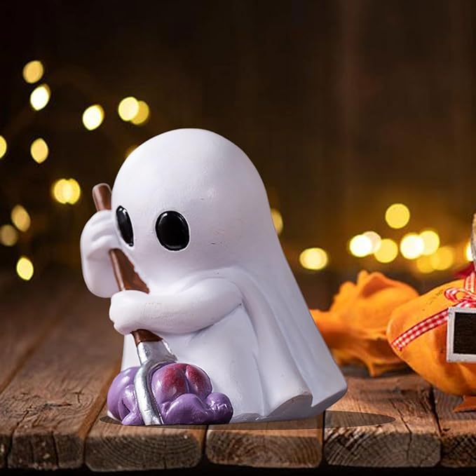 Halloween Ghost Figurine with Holding Fork, Funny Mini Resin Ghost Statue Halloween Decor for Bookshelf, Terrace, Bedroom,Porch and Tabletop