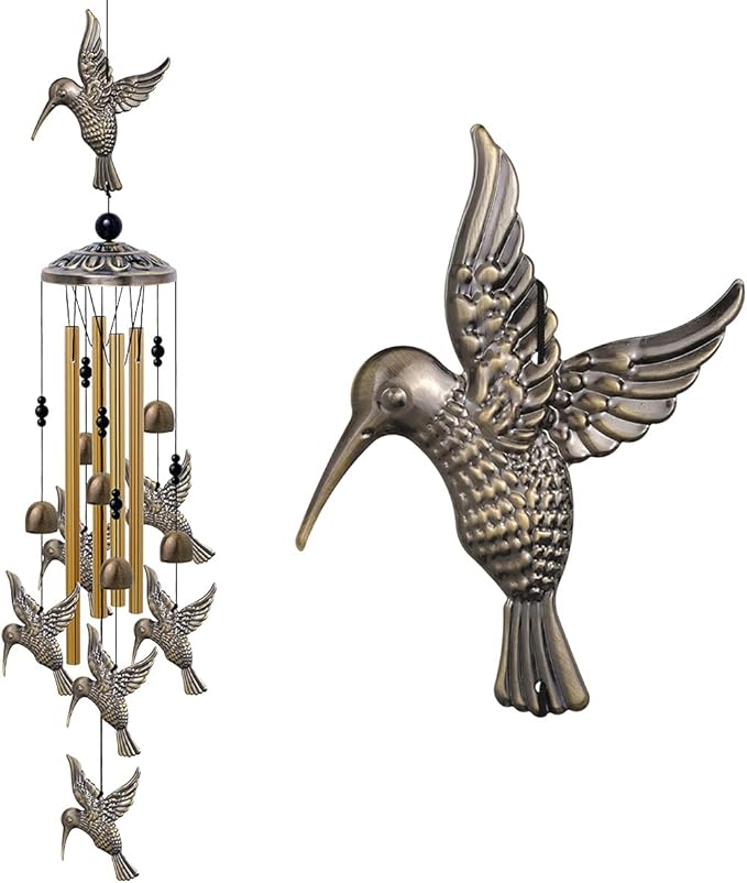Large Hummingbird Wind Chimes Outdoor Indoor Decor -With 4 Tubes 6 Bells 7 Hummingbirds, Mobile Wind Catcher, Hummingbird Wind Bell for Home, Xmas Mom Gifts, Festival, Balcony, Tree, Garden Decoration