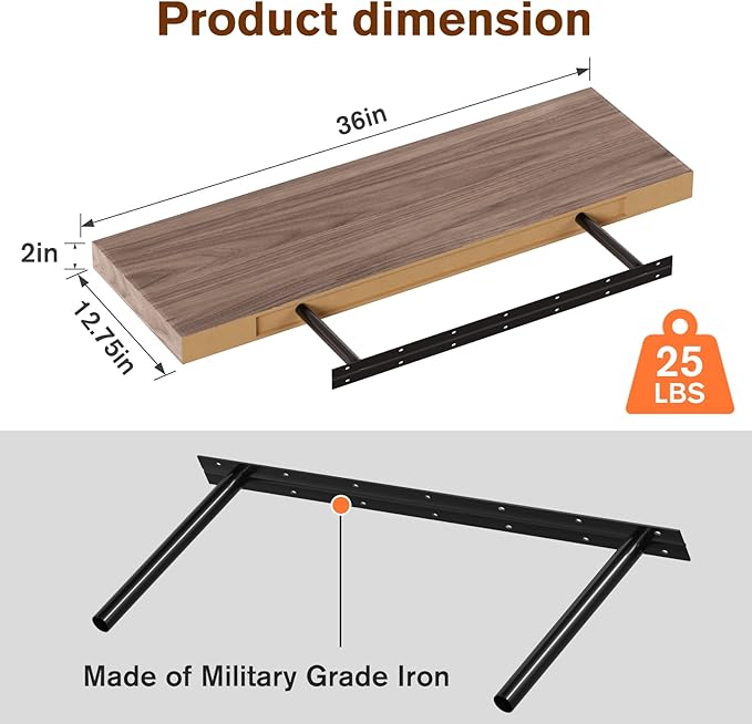 Floating Shelf, Set of 1 Wall Shelf, 36 in W x 12.75 in D x 2 in H Wooden Floating Wall Shelf with Invisible Brackets for Living Room/Bedroom/Bathroom/Kitchen Storage and Decor, Walnut