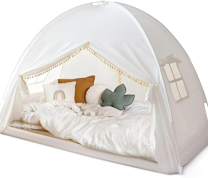 Razee Twin Bed Tent for Kids, Twin Size Bed Canopy Tent Indoor Dream Princess Tent Privacy Tent on Bed Sleep for Girls and Boys, Bohemian Tassel, White