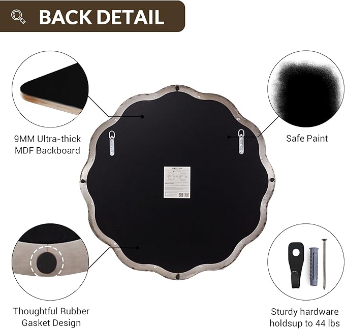 ANDY STAR Brushed Nickel Round Bathroom Mirror, 24 Inch Round Circle Mirror in Stainless Steel Metal Frame, Large Silver Frame with Unique Wavy Design