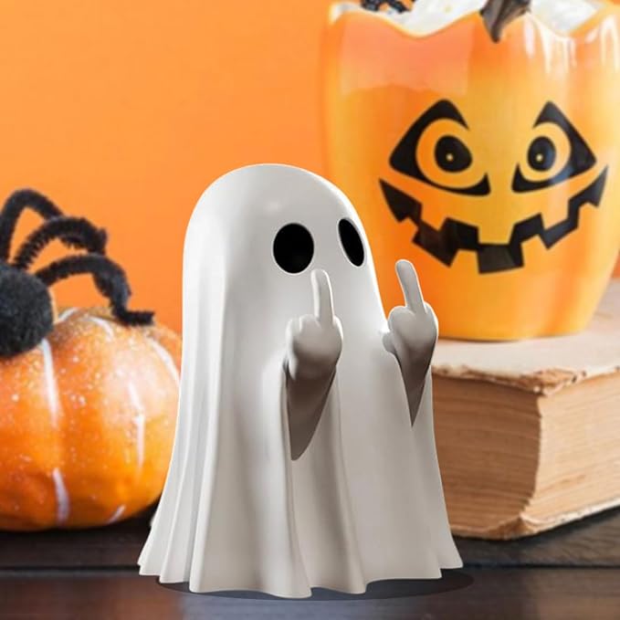 Halloween Ghost Figurine, Funny Resin Middle Finger Ghost Statue, Cute Decor for Halloween Decorations Indoor, Porch and Desk Spooky Home Decor Gifts