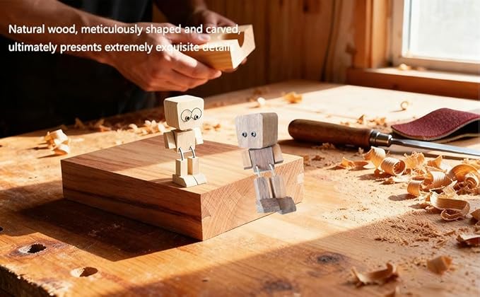 Shaking Wooden Man Figurine - Battery-Free Physics-Driven Rocking Decor with 12 Magnetic Expressions, Handcrafted Natural Wood for Car Dashboard, Office Desk, Home Shelf (Beech)