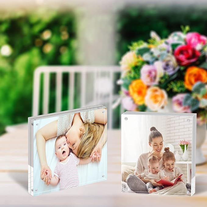 ILYXY 2 Pack Acrylic Frame 4x4, 20% Thicker, 20mm Thick Frameless Clear Picture Frame, Double Sided Magnetic Photo Frame, Free Standing Desktop Display Stand Acrylic Picture Frames