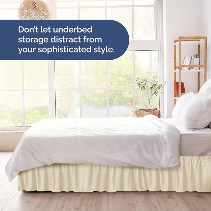 Wrap Around Dust Ruffle Bed Skirt - Off White - for King Size Beds w/ 15 Inch Drop - Easy Fit Elastic Strap - Adjustable Pleated Bedskirt w/Brushed Fabric - Wrinkle Free - Women, Men, Kids & Teens