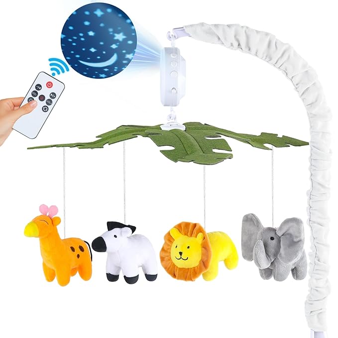 Baby Crib Mobile with Music and Lights, Mobile for Crib with Remote Control, Rotation, Starlight Projection, Crib Toys for Babies Boys Girls(Green)