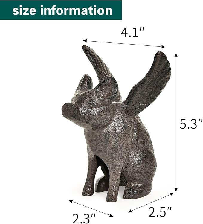 Sungmor Cast Iron Flying Pig Statue, Whimsical Sitting Pig Garden Decorative Statue, Rustic Black Brown Home Office Desk Paperweight Doorstop, Cute Collectible Figurine Bookshelf Ornament