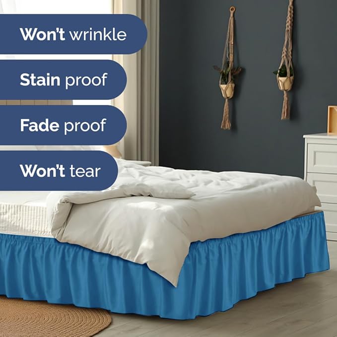 Wrap Around Dust Ruffle Bed Skirt - Denim Blue - for King Size Beds with 12 Inch Drop - Elastic Strap - Adjustable Pleated Bedskirt with Brushed Fabric and Wrinkle Free - for Women, Men, Kids & Teens