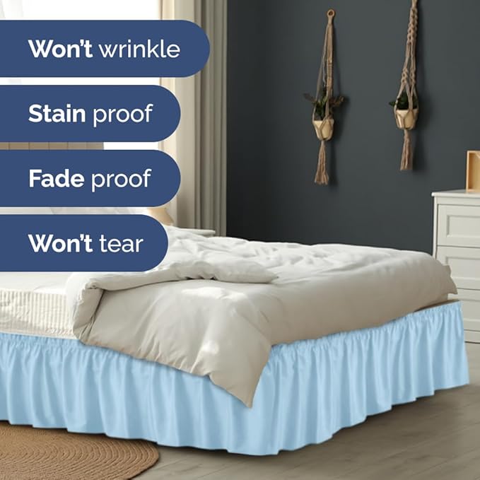 Wrap Around Dust Ruffle Bed Skirt - Light Blue - for Queen Size Beds with 21 Inch Drop - Elastic Strap - Adjustable Pleated Bedskirt with Brushed Fabric and Wrinkle Free - For Women, Men, Kids & Teens