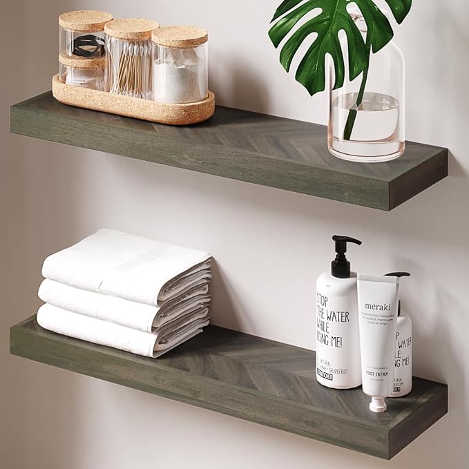 24" Acacia Chevron Floating Shelves Set of 2 - Wall Mounted Wooden Shelf for Stylish Home Décor - Mocha Color - 24x6.7x1.5 Inches