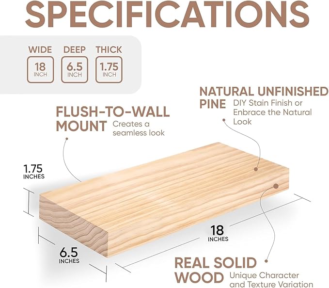Homeforia 18 inch Wood Floating Shelves, High End Solid Natural Wood 18inch Floating Shelf for Wall Mounted, Unfinished Wooden 18in Floating Shelves, Heavy Duty Bracket, 18 X 6.5 X 1.75 inch, Set of 4